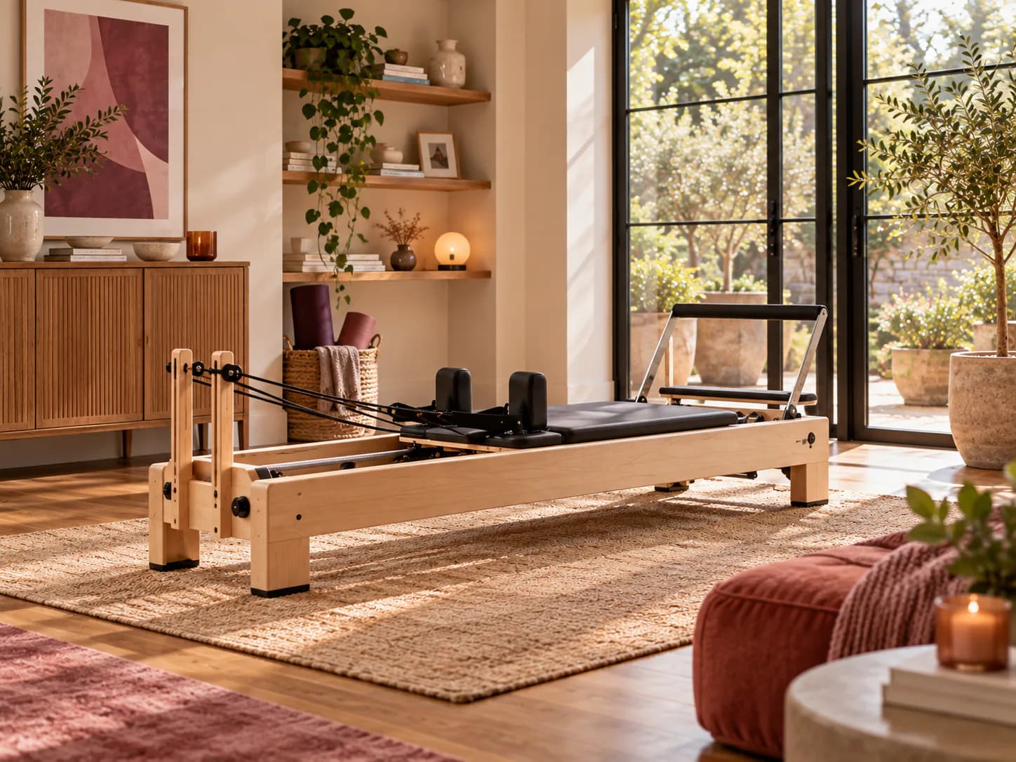 A wooden Pilates reformer in a bright, sunlit home studio.